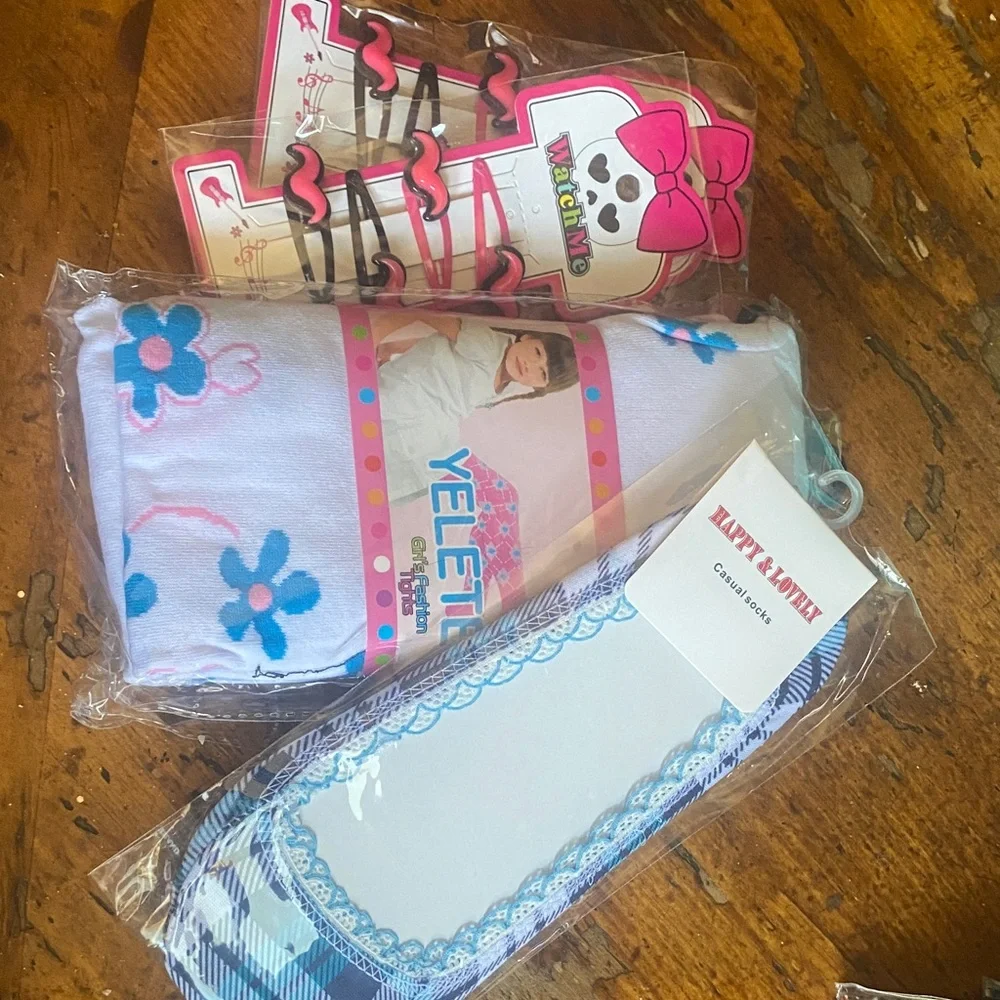 Pink and White Set of socks and hair accessories